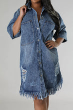 Load image into Gallery viewer, Distressed Raw Hem Button Up Denim Dress
