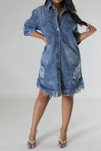 Load image into Gallery viewer, Distressed Raw Hem Button Up Denim Dress
