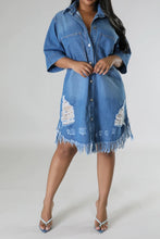 Load image into Gallery viewer, Distressed Raw Hem Button Up Denim Dress
