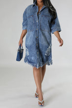 Load image into Gallery viewer, Distressed Raw Hem Button Up Denim Dress
