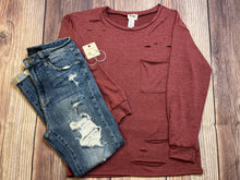 Load image into Gallery viewer, Burgundy Distressed Long Sleeve Shirt
